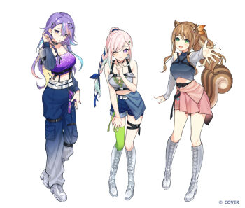 3girls ;) airani_iofifteen animal_ear_fluff animal_ears area_15 arm_up ayunda_risu bare_arms belt black_belt black_choker blonde_hair blue_hair blue_pants blue_ribbon blue_shirt blue_shorts boots braid braided_ponytail breasts brown_hair cargo_pants chest_belt chest_harness choker colored_inner_hair commentary company_name copyright_notice crescent cropped_shirt english_commentary full_body gradient_eyes gradient_hair green_hair green_thighhighs grey_shirt hair_between_eyes hair_flaps hair_ornament hair_ribbon hairclip half-skirt halter_shirt halterneck hand_on_own_hip hand_on_own_thigh harness high_heel_boots high_heels high_ponytail hololive hololive_indonesia knee_boots lace-up_boots large_breasts lineup long_hair long_hair_between_eyes long_sidelocks long_sleeves looking_at_viewer medium_breasts midriff miniskirt moona_hoshinova multicolored_eyes multicolored_hair multiple_belts multiple_girls nail_polish o-ring o-ring_harness off-shoulder_shirt off_shoulder official_alternate_costume official_alternate_hairstyle official_art one_eye_closed open_mouth overskirt pants pants_tucked_in parted_lips pink_hair pink_skirt platform_boots pleated_skirt ponytail purple_eyes purple_hair purple_shirt puunyannyan ribbon see-through_clothes see-through_sleeves shirt short_shorts shorts side_braid sidelocks simple_background single_thighhigh skirt sleeveless sleeveless_shirt sleeves_past_wrists smile squirrel_ears squirrel_girl squirrel_tail standing starry_hair streaked_hair swept_bangs tail thigh_strap thighhighs two-tone_hair underbust virtual_youtuber white_background white_belt white_boots white_hair white_sleeves yellow_eyes