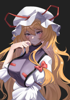 1girl :| arm_under_breasts black_background blonde_hair blush bow breasts closed_mouth commentary_request dress fingernails frilled_hat frills hair_between_eyes hair_bow hat highres large_breasts long_hair mob_cap purple_eyes purple_tabard red_bow simple_background solo tabard tian_zhong_gong_yan touhou upper_body very_long_hair white_dress white_hat yakumo_yukari