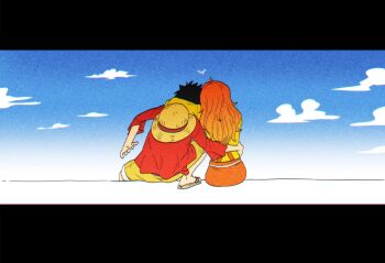 1boy 1girl arm_around_another's_waist arm_around_shoulder black_hair blue_sky cloud cloudy_sky commentary from_behind hand_on_another's_waist hat hat_on_back heads_together heart highres monkey_d._luffy nami_(one_piece) official_alternate_costume one_piece orange_hair orange_overalls outdoors overalls red_shirt sandals shampowrado shirt shorts sitting sky straw_hat sweater untranslatable_commentary wavy_hair yellow_shorts yellow_sweater