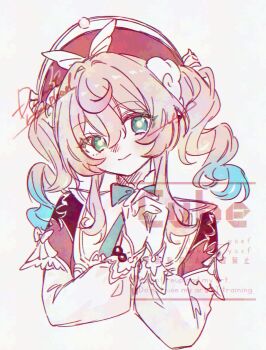 1girl aqua_bow aqua_bowtie aqua_eyes aqua_hair beret bow bowtie closed_mouth commentary drill_hair gradient_hair hair_intakes hat head_tilt highres honkai:_star_rail honkai_(series) hyacine_(honkai:_star_rail) interlocked_fingers kyo_(yoshina) looking_at_viewer medium_hair multicolored_hair own_hands_together pink_hair red_hat shirt sidelocks signature simple_background smile solo symbol-only_commentary twin_drills twintails upper_body watermark white_background white_shirt