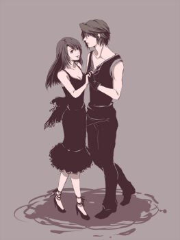Rule 34 | 1990s (style), 1boy, 1girl, bare shoulders, black hair, brown hair, couple, dancing, dress, final fantasy, final fantasy viii, gloves, habbitrot, hetero, high heels, holding hands, long hair, retro artstyle, rinoa heartilly, shoes, short hair, simple background, squall leonhart