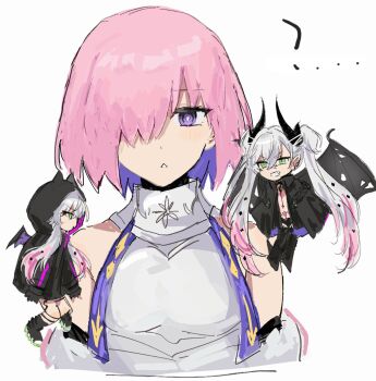 2girls ? armor blush chibi green_eyes grey_hair highres lilith_(fate) lilith_(first_ascension)_(fate) lilith_(second_ascension)_(fate) mash_kyrielight multiple_girls nekwnek pink_hair purple_eyes