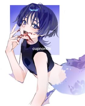 1boy alternate_species arm_at_side arm_fins black_shirt blood blood_in_mouth blood_on_face blood_on_hands blood_on_mouth blood_on_neck blunt_ends border cnorkie colored_eyelashes colored_inner_hair crop_top cropped_shirt eyeliner eyeshadow fingernails fins genshin_impact grey_hair hand_up head_fins highres lying makeup male_focus merman monster_boy multicolored_hair on_stomach open_mouth purple_background purple_eyes purple_hair red_eyeliner red_eyeshadow scaramouche_(genshin_impact) shirt sleeveless sleeveless_shirt solo teeth tongue tongue_out upper_teeth_only white_border wispy_bangs