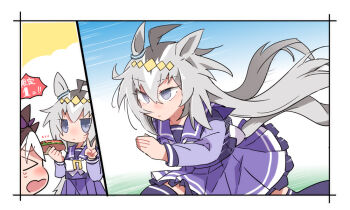 Rule 34 | > <, 2girls, ahoge, animal ears, beer hsk, brown hair, closed eyes, closed mouth, food, grey eyes, grey hair, holding, holding food, horse ears, horse girl, horse tail, long hair, multicolored hair, multiple girls, oguri cap (umamusume), pleated skirt, purple shirt, purple skirt, purple thighhighs, running, school uniform, shirt, skirt, special week (umamusume), tail, thighhighs, tracen school uniform, translation request, two-tone hair, umamusume, v, very long hair, white hair, yakisobapan