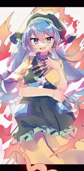 1girl absurdres apron aura chisel dress flower_ornament frilled_apron frills green_apron green_hair green_headscarf green_headwear hair_between_eyes haniyasushin_keiki haruwaka_064 headscarf highres jewelry letterboxed long_hair looking_at_viewer magatama magatama_necklace necklace open_mouth pocket puffy_short_sleeves puffy_sleeves purple_eyes short_sleeves single_strap solo tools touhou yellow_dress