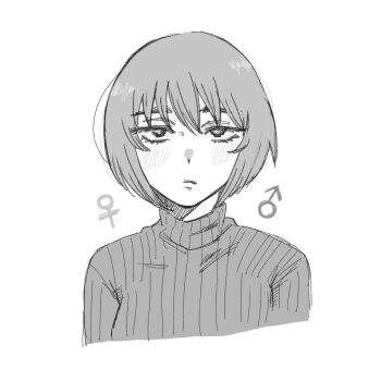 Rule 34 | 1other, androgynous, blush, bob cut, closed mouth, cropped torso, expressionless, greyscale, hair between eyes, highres, looking at viewer, loose hair strand, mars symbol, monochrome, nonoko (tengoku daimakyou), ojako (harinezumi00012), ribbed sweater, short hair, simple background, sketch, solo, straight-on, sweater, tengoku daimakyou, thick eyebrows, turtleneck, turtleneck sweater, upper body, upturned eyes, venus symbol, white background