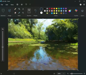 algae art_program_in_frame christian_young commentary forest highres landscape microsoft_paint_(medium) microsoft_paint_(software) moss nature no_humans original outdoors painterly reflection reflective_liquid river scenery screencap shore tree