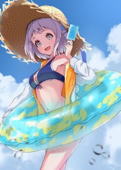 1girl :d absurdres bare_shoulders bikini blue_bikini blue_sky blurry blurry_foreground blush breasts brown_hat cleavage clip_studio_paint_(medium) cloud commentary_request day depth_of_field food gakuen_idolmaster grey_eyes grey_hair hat highres holding holding_food honorikiti idolmaster innertube jacket katsuragi_lilja long_sleeves medium_breasts off_shoulder open_clothes open_jacket open_mouth outdoors popsicle puffy_long_sleeves puffy_sleeves sky smile solo straw_hat sweat swim_ring swimsuit water_drop white_jacket