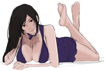 1girl arm_support bare_legs bare_shoulders barefoot bed_sheet black_hair breasts brown_eyes cleavage closed_mouth dress feet feet_up final_fantasy final_fantasy_vii final_fantasy_vii_remake hair_behind_ear hand_on_own_cheek hand_on_own_face j@ck legs legs_up long_hair looking_at_viewer lying minidress official_alternate_costume on_stomach parted_bangs purple_dress seductive_smile short_dress smile soles solo square_enix swept_bangs the_pose thighs tifa_lockhart tifa_lockhart_(refined_dress) toes unfinished wall_market