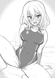 Rule 34 | 1girl, :d, arm support, blush, breasts, collarbone, commentary request, competition swimsuit, covered navel, crossed bangs, girls und panzer, good meat day, greyscale, groin, hair between eyes, highleg, highleg swimsuit, highres, itsumi erika, looking at viewer, medium breasts, medium hair, monochrome, mordeth, one-piece swimsuit, open mouth, simple background, sitting, smile, solo, spread legs, swimsuit, thighs, wet