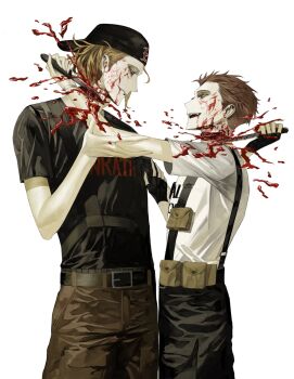 2boys :d aegyo_sal animification artist_request backwards_hat baseball_cap belt black_belt black_gloves black_hat black_pants black_shirt blonde_hair blood blood_from_mouth blood_on_chest blood_on_face bloody_knife blue_eyes bracelet brown_hair brown_pants clothes_writing cowboy_shot dylan_klebold empty_eyes eric_harris eye_contact face-to-face fang fingerless_gloves from_below from_side gloves green_eyes grin guro hair_behind_ear hair_slicked_back half-closed_eyes hand_on_another's_arm hat height_difference highres holding holding_knife jewelry knife looking_at_another male_focus multiple_boys murder open_mouth pale_skin pants profile real_life shirt short_hair sideways_glance simple_background single_bare_arm single_fingerless_glove single_glove smile source_request stab standing suicide_pact suspenders t-shirt teeth third-party_source tongue upper_teeth_only very_short_hair white_background white_shirt