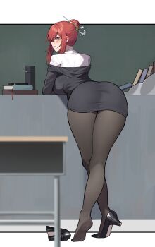 1girl absurdres ass bairimeng bent_over black_jacket black_shoes black_skirt blue_eyes blush book breasts brown_pantyhose chalkboard commentary_request desk from_behind full_body glasses hair_bun hair_ornament hair_stick high_heels highres jacket large_breasts long_sleeves medium_hair miniskirt off_shoulder original pantyhose pencil_skirt red_hair school_desk semi-rimless_eyewear shirt shoes sidelocks single_hair_bun skirt solo thermos under-rim_eyewear unworn_shoes white_shirt yellow-framed_eyewear