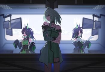 3girls animal_ears arknights asymmetrical_sleeves bare_shoulders black_hair black_jacket cat_ears cat_girl chinese_commentary clone closed_mouth collarbone commentary_request crossed_arms dress green_dress green_eyes green_hair halter_dress halterneck highres holding holding_paper indoors jacket kal'tsit_(arknights) long_hair long_sleeves material_growth mismatched_sleeves mon3tr_(arknights) multiple_girls off_shoulder open_mouth oripathy_lesion_(arknights) paper profile rroc_(rrck11) screen see-through_clothes see-through_sleeves standing star_of_life stethoscope stethoscope_around_neck