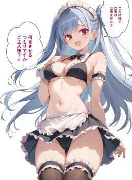 1girl apron black_bow black_bowtie black_bra black_panties black_skirt black_thighhighs blue_hair blush bow bowtie bra breasts cleavage detached_collar frilled_apron frilled_armlet frilled_skirt frilled_thighhighs frills highres long_hair looking_at_viewer maid_apron maid_headdress medium_breasts navel open_mouth original panties red_eyes rikudou_inuhiko skirt smile solo standing thighhighs translation_request two_side_up underwear waist_apron white_apron wrist_cuffs