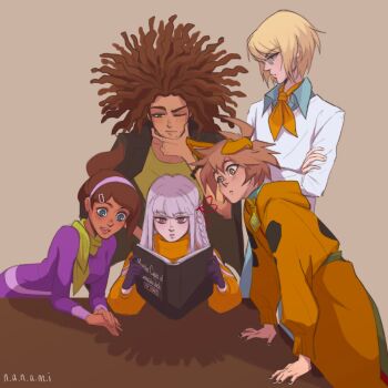 2girls 3boys animal_ears asahina_aoi ascot bead_bracelet beads black_jacket black_nails blonde_hair blue_eyes book bracelet braid brown_eyes brown_hair closed_mouth collared_shirt commentary cosplay crossed_arms danganronpa:_trigger_happy_havoc danganronpa_(series) daphne_blake daphne_blake_(cosplay) dark-skinned_female dark-skinned_male dark_skin dog_ears dreadlocks dress elbows_on_table english_commentary english_text eyelashes facial_hair fake_animal_ears fingernails fred_jones fred_jones_(cosplay) glasses gloves green_eyes green_scarf green_shirt hagakure_yasuhiro hair_ribbon hand_on_own_chin hands_on_table highres holding holding_book hood hood_down jacket jewelry kirigiri_kyoko long_hair long_sleeves multiple_boys multiple_girls naegi_makoto nail_polish nanamis-username one_eye_closed onesie open_book open_clothes open_jacket open_mouth orange_ascot orange_sweater ponytail purple_dress purple_eyes purple_gloves purple_hair reading red_ribbon ribbon scarf scooby-doo scooby-doo_(character) scooby-doo_(character)_(cosplay) shaggy_rogers shaggy_rogers_(cosplay) shirt short_hair side_braid simple_background single_braid smile sweater table teeth togami_byakuya turtleneck turtleneck_sweater upper_teeth_only velma_dinkley velma_dinkley_(cosplay) white_shirt