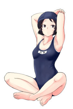 Rule 34 | 1girl, armpits, arms on head, barefoot, black eyes, black hair, breasts, closed mouth, collarbone, commentary request, dot mouth, full body, highres, indian style, kujou meika, looking at viewer, meika-san wa oshikorosenai, saitou shouki, school swimsuit, short hair, simple background, sitting, small breasts, solo, swim cap, swimsuit, white background