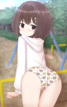 1girl absurdres animal_hair_ornament animal_print apple_print ass bear_hair_ornament bear_print blush bow_print brown_eyes brown_hair bush cloud food_print from_behind fruit_print hair_ornament hairclip highres hood hoodie horizontal_bar loli long_sleeves looking_at_viewer looking_back original panties paw_print playground print_panties shooko short_hair sky smile standing swing swing_set tree underwear white_hoodie white_panties