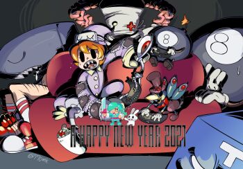 2021 3girls 770mk andy_anvil annie_(skullgirls) avery_(pokemon) closed_eyes controller couch drooling facing_viewer game_controller george_the_bomb hands_on_own_hips ileum_(skullgirls) lenny_the_bomb looking_at_viewer multiple_girls new_year official_alternate_costume open_mouth orange_hair pajamas peacock_(skullgirls) playing_games sagan_(skullgirls) sharp_teeth short_hair sitting skullgirls sleeping slippers sweatdrop teeth tommy_ten-tons