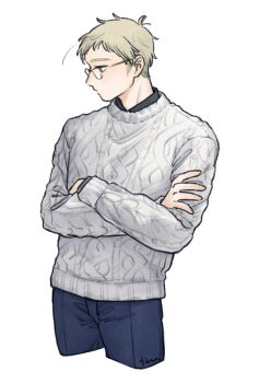 1boy artist_name axis_powers_hetalia black-framed_eyewear black_shirt blonde_hair blue_pants closed_mouth commentary_request cowboy_shot crossed_arms glasses green_eyes grey_sweater half-closed_eyes highres long_sleeves looking_afar male_focus mi_aph_to pants puffy_long_sleeves puffy_sleeves semi-rimless_eyewear shirt short_hair simple_background solo standing sweater sweden_(hetalia) white_background