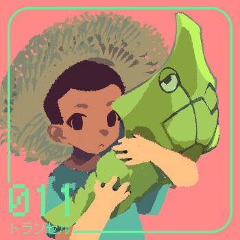Rule 34 | 1boy, :<, black eyes, black hair, blue shirt, bug catcher (pokemon), gen 1 pokemon, hat, holding, holding pokemon, looking at viewer, male focus, metapod, nintendo, pink background, pokedex number, pokemon, pokemon (creature), pokemon rse, seasideiiii, shirt, short sleeves, simple background, solid eyes, solo, straw hat, t-shirt