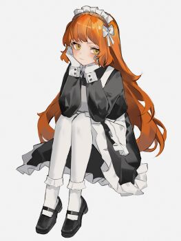 1girl absurdres apron arm_support black_dress black_shoes brown_hairband closed_mouth clynxen commentary dress frilled_dress frilled_hairband frills gloves hair_ribbon hairband highres ishmael_(project_moon) limbus_company long_hair long_sleeves looking_at_viewer maid maid_headdress orange_hair pantyhose project_moon ribbon shoes sitting socks white_apron white_gloves white_pantyhose white_ribbon white_socks yellow_eyes