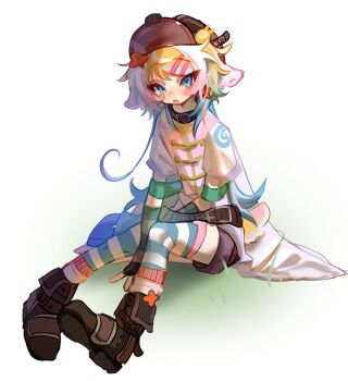 1other black_boots blonde_hair blue_eyes blue_thighhighs boots brown_hat cloud_(lufaeris) commentary english_commentary full_body gradient_hair green_arm_warmers grey_shirt hair_ornament hairclip hat highres long_hair looking_at_viewer multicolored_hair open_mouth original other_focus parallel_hairclips shirt simple_background sitting solo striped_arm_warmers striped_clothes striped_thighhighs swept_bangs thighhighs white_background