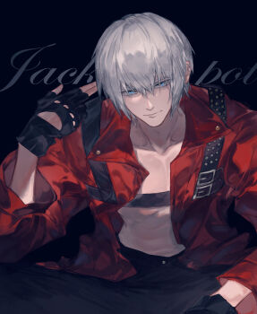 1boy absurdres black_background black_gloves black_pants blue_eyes chest_strap closed_mouth coat dante_(devil_may_cry) devil_may_cry devil_may_cry_(series) devil_may_cry_3 fingerless_gloves fingers_to_head gloves grey_hair hair_between_eyes highres looking_at_viewer male_focus midriff omegaantiworld pants red_coat short_hair sitting solo upper_body