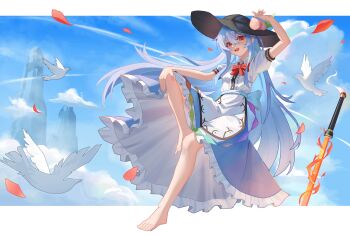 1girl :d absurdres apron arm_up back_bow barefoot bird black_hat blue_hair blue_sash blue_skirt blue_sky blush bow bowtie chinese_commentary cloud collared_shirt commentary_request dove fang fire flaming_sword flaming_weapon floating full_body hand_on_own_knee hand_up hat highres hinanawi_tenshi knees letterboxed long_hair looking_at_viewer mountain open_mouth peach_hat_ornament petticoat puffy_short_sleeves puffy_sleeves rainbow_gradient red_bow red_bowtie red_eyes red_petals sash shirt short_sleeves skin_fang skirt sky smile solo sword sword_of_hisou teeth touhou upper_teeth_only user_wxvm2552 very_long_hair weapon white_apron white_bird white_shirt