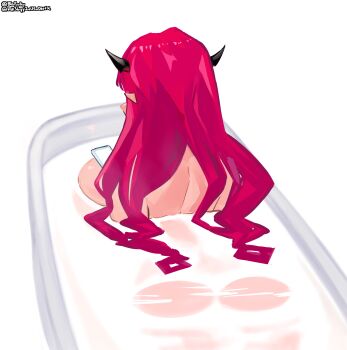 1girl absurdres ass bathtub blaparky breasts cellphone completely_nude from_behind highres hololive hololive_english irys_(hololive) large_breasts nude partially_submerged phone purple_hair simple_background smartphone solo virtual_youtuber white_background
