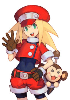 >_< 1girl antennae belt blonde_hair bodysuit bodysuit_under_clothes brown_gloves newsboy_cap capcom covered_navel cowboy_shot data_(mega_man) gloves green_eyes hand_on_own_hip hat hungry_clicker long_hair looking_at_viewer mega_man_(series) mega_man_legends_(series) monkey navel non-humanoid_robot open_mouth red_headwear robot robot_animal roll_caskett_(mega_man) short_sleeves shorts smile spiked_hair waving white_background