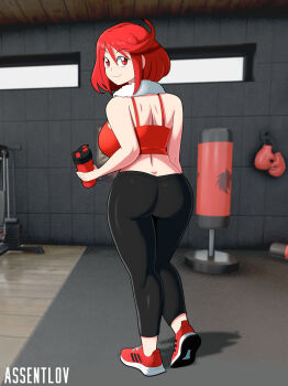 1girl ass assentlov boxing_gloves breasts grin gym leggings looking_at_viewer looking_back midriff pyra_(xenoblade) red_eyes red_hair shiny_skin smile walking xenoblade_chronicles_(series) xenoblade_chronicles_2