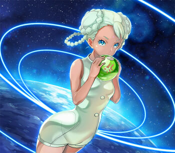 1girl aqua_eyes bindi blue_eyes braid braided_hair_rings breasts buttons chuchumy covered_mouth cowboy_shot dark-skinned_female dark_skin double_bun dutch_angle earth_(planet) facial_mark female_focus fish fishbowl forehead_mark from_side glowing goldfish gundam gundam_g_no_reconguista hair_bun hair_rings halterneck holding looking_at_viewer multicolored_eyes nyantyubosi outdoors planet raraiya_monday short_eyebrows sky sleeveless small_breasts solo space star_(sky) starry_sky tan turtleneck twin_braids unitard white_hair