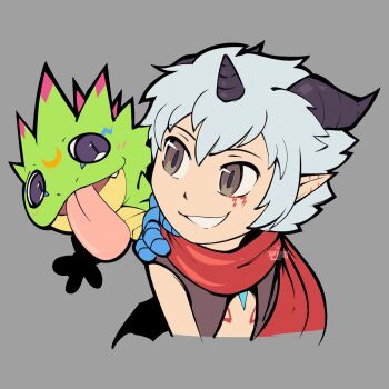 1boy aegiomon black_vest brown_eyes digimon digimon_(creature) digimon_beatbreak digimon_story:_time_stranger facial_mark gecko gekkomon grey_background grey_hair highres horns pointy_ears red_scarf ridgeone scarf simple_background tongue tongue_out upper_body vest
