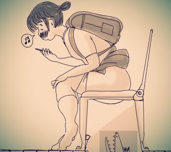 1girl absurdres alligator artist_request ass backpack bag cellphone crocodilian cutout highres interspecies loli monochrome multitasking original panties panty_pull peril phone randoseru school_uniform sitting teeth toilet underwear