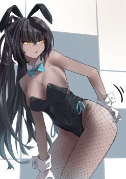1girl absurdres animal_ears ass black_hair black_leotard blue_archive blue_bow blue_bowtie blush bow bowtie breasts collar covered_navel dark-skinned_female dark_skin detached_collar fake_animal_ears fishnet_pantyhose fishnets gloves highres karin_(blue_archive) karin_(bunny)_(blue_archive) large_breasts leaning_forward leotard long_hair looking_back mong91 official_alternate_costume pantyhose pantyhose_lift playboy_bunny ponytail rabbit_ears solo strapless strapless_leotard sweatdrop traditional_bowtie very_long_hair white_collar white_gloves wing_collar wrist_cuffs yellow_eyes