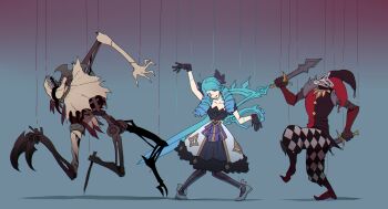 1girl 2boys absurdres arm_up black_gloves blue_hair checkered_clothes checkered_legwear chromatic_aberration claws closed_mouth collarbone dagger dress drill_hair dual_wielding fiddlesticks gloves gradient_hair gwen_(league_of_legends) heterochromia highres holding holding_dagger holding_knife holding_weapon knife league_of_legends long_hair mechanical monster multicolored_hair multiple_boys open_mouth oversized_object puppet puppet_strings purple_eyes ratatatat74 red_eyes scar scar_on_neck scissors shaco sharp_teeth smile stitches string striped_clothes striped_legwear striped_thighhighs teeth thighhighs tongue tongue_out torn torn_clothes vertical-striped_clothes vertical-striped_thighhighs weapon