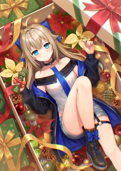 1girl absurdres ahoge ankle_boots aoe_ui bare_shoulders black_boots black_choker black_jacket blonde_hair blue_bow blue_eyes blue_jacket blue_necktie boots bow box choker christmas collarbone commentary_request crypto_blue_(aoe_ui) denim denim_shorts explosive flashbang from_above gift gift_box grenade hair_bow highres holding in_box in_container jacket knee_up long_hair looking_at_viewer looking_up lying multicolored_jacket necktie o-ring o-ring_thigh_strap off-shoulder_shirt off_shoulder on_back original parted_lips shiny_skin shirt short_shorts shorts sidelocks sleeveless sleeveless_shirt solo thigh_strap two-sided_fabric two-sided_jacket two-tone_jacket white_shirt