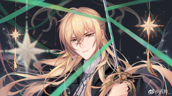 1boy alkaid_mcgrath alkaid_mcgrath_(until_the_end_of_time) ascot black_background black_jacket black_wings blonde_hair braid chinese_commentary commentary_request commission constellation earrings feathered_wings green_eyes green_ribbon hair_between_eyes hair_flowing_over half_up_braid hand_up highres holding holding_sword holding_weapon jacket jewelry lapels light_particles long_hair looking_at_viewer lovebrush_chronicles male_focus mobile notched_lapels parted_lips portrait restrained ribbon ring serious shiling shirt single_earring solo star_(symbol) star_earrings sword tassel very_long_hair watermark weapon weibo_watermark white_ascot white_shirt winged_sword wings