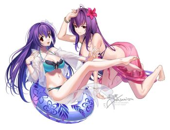 2girls asamitsu_(n_morninglight) bare_shoulders barefoot bikini black_bikini bracelet breasts cleavage fate/grand_order fate_(series) flower frilled_thigh_strap green_bikini hair_between_eyes hair_flower hair_ornament hibiscus innertube jewelry large_breasts long_hair long_sleeves looking_at_viewer multicolored_bikini multiple_girls navel open_clothes open_mouth open_shirt purple_bikini purple_hair red_eyes sarong scathach_(fate) scathach_(fate/grand_order) scathach_(swimsuit_assassin)_(fate) scathach_skadi_(fate) scathach_skadi_(swimsuit_ruler)_(final_ascension)_(fate) see-through_clothes smile swim_ring swimsuit thigh_strap thighs two-tone_bikini