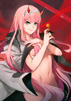 Rule 34 | 10s, 1girl, breasts, candy, character name, convenient censoring, copyright name, darling in the franxx, female focus, food, green eyes, hair censor, hair over breasts, hair over one breast, hairband, horns, jacket, jacket on shoulders, lollipop, long hair, looking at viewer, medium breasts, naked jacket, navel, nude, open clothes, patipat asavasena, pink hair, red background, smile, solo, very long hair, white hairband, zero two (darling in the franxx)