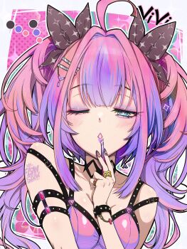 1girl alt_text alto_seneka applying_makeup applying_own_makeup black_bow blue_eyes bow character_name cosmetics eyeshadow hair_bow highres holding holding_lipstick_tube hololive hololive_dev_is kikirara_vivi lipstick_tube looking_at_viewer makeup multicolored_hair one_eye_closed pink_hair pink_shirt purple_eyeshadow purple_hair shirt solo two-tone_hair virtual_youtuber