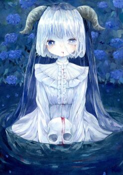 1girl blood blood_from_mouth blue_eyes blue_flower center_frills commentary_request dress flower frills highres holding holding_skull horns long_sleeves monou_pico original short_hair skull solo tears veil wading white_dress white_hair