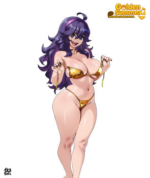 1girl :d absurdres ahoge bikini bikini_top_pull black_nails breasts cleavage collarbone curvy gold_bikini grey_eyes hairband hex_maniac_(pokemon) highres kyoffie large_breasts long_hair looking_at_viewer navel nintendo open_mouth pokemon pokemon_xy purple_hair purple_hairband simple_background smile solo standing stomach swimsuit very_long_hair wavy_hair white_background