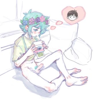 1boy barefoot basil_(headspace)_(omori) basil_(omori) blue_eyes bottomless camera eirikr flower highres holding holding_camera male_focus omori omori_(omori) penis pubic_hair shirt short_hair shota sitting solo speech_bubble testicles thought_bubble