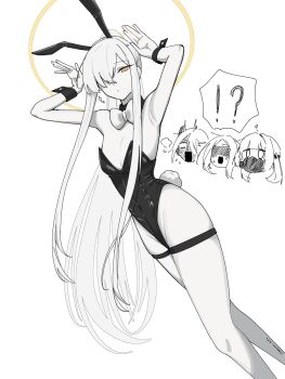 !? animal_ears blue_archive commentary ein_(blue_archive) halo highres long_hair malkuth_(blue_archive) multiple_girls nagomu_7_56 ohr_(blue_archive) playboy_bunny rabbit_ears rabbit_pose rabbit_tail sof_(blue_archive) tail white_background white_hair yellow_halo