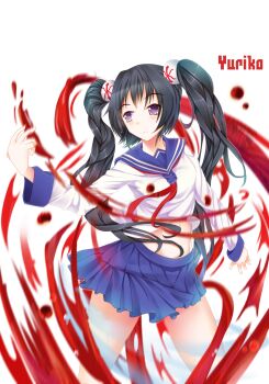 1girl abs absurdres aircctzillie asian black_hair blood blue_eyes blue_sailor_collar blue_skirt character_name command_&amp;_conquer command_&amp;_conquer:_red_alert command_&amp;_conquer:_red_alert_3 english_text hair_tie hemokinesis highres long_hair looking_to_the_side midriff miniskirt neckerchief red_neckerchief sailor_collar school_uniform shirt skirt solo standing telekinesis thighs twintails very_long_hair white_background wind wind_lift yuriko_omega