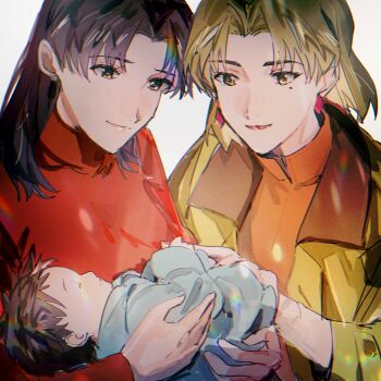 3girls absurdres akagi_ritsuko baby biiko_(king1015g) black_hair blonde_hair brown_eyes carrying carrying_baby carrying_person closed_eyes closed_mouth commentary_request curtained_hair evangelion:_3.0+1.0_thrice_upon_a_time high_collar highres jacket katsuragi_misato lipstick long_sleeves makeup medium_hair mole mole_under_eye multiple_girls neon_genesis_evangelion parted_bangs rebuild_of_evangelion red_lips red_sweater shirt short_hair sleeping smile spoilers suzuhara_tsubame sweater turtleneck turtleneck_sweater upper_body white_background yellow_jacket yellow_shirt