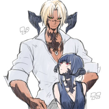 1boy 1girl :c annoyed au_ra black_horns black_sclera blonde_hair blue_shirt breasts character_age closed_mouth collared_shirt colored_sclera commentary_request dark-skinned_male dark_skin final_fantasy final_fantasy_xiv height_difference horns light_blush looking_at_another looking_down looking_up medium_breasts medium_hair pale_skin partially_open_shirt purple_hair red_eyes shirt simple_background smile uroko_(mnr) warrior_of_light_(ff14) white_background white_shirt yellow_eyes