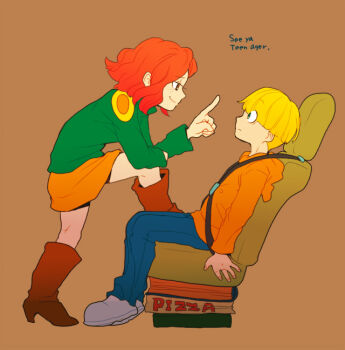 1boy 1girl blonde_hair blunt_bangs book boots bowl_cut brown_background brown_boots brown_eyes car_seat codename:_kids_next_door commentary_request constricted_pupils cowboy_boots duplicate english_text eye_contact freckles from_side green_eyes high_heels hood hoodie index_finger_raised leg_up long_sleeves looking_at_another numbuh_4 numbuh_86 orange_skirt pizza_box profile red_hair restrained seatbelt simple_background sitting skirt smile standing t_k_g wavy_hair wide-eyed