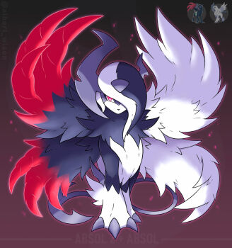 absol albrt-wlson animal_focus asymmetrical_horns bright_pupils character_name claws commentary english_commentary full_body fusion gen_3_pokemon hair_over_one_eye highres horns instagram_username mega_absol mega_absol_z mega_pokemon multiple_wings nintendo no_humans official_art_inset pokemon pokemon_(creature) pokemon_focus red_eyes solo straight-on two-tone_fur white_pupils wings